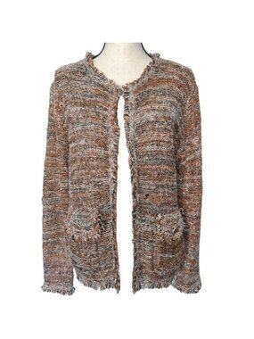 Sioni Cardigan Womens Brown White Textured Open Front Frayed Hem Sequins